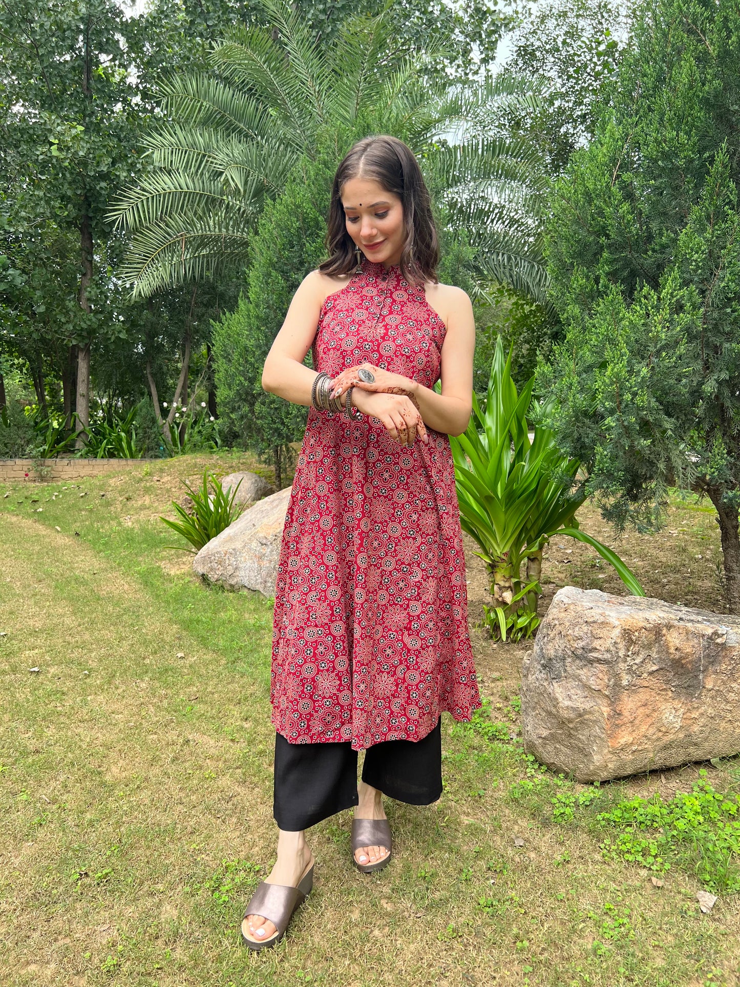 Maroon Ajrakh Printed Flare Kurta with Palazzo (Set of 2)