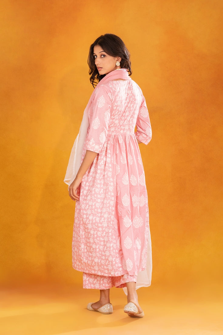 Pink Flared Printed Cotton Suit (Set of 3)