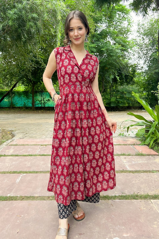 Maroon Ajrakh Box Pleated Kurta with Palazzo (Set of 2)