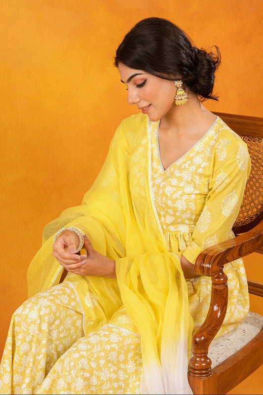 Lemon Cotton Printed Sharara (Set of 3)