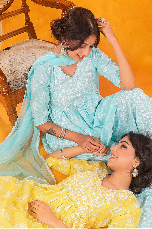 Pastel Blue Cotton Printed Sharara (Set of 3)