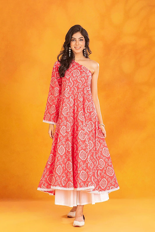 One shoulder Red Bandhej Kurta with Palazzo (Set of 2)