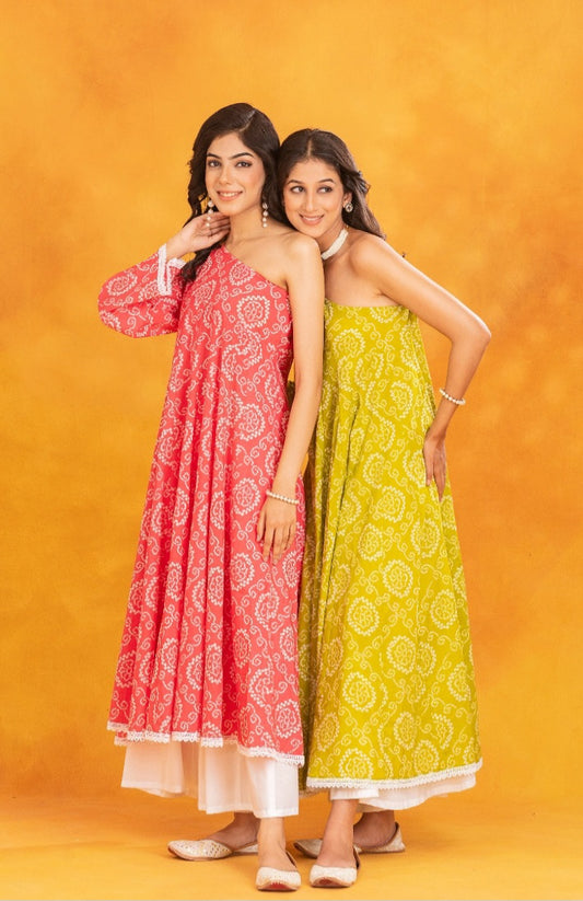One shoulder Red Bandhej Kurta with Palazzo (Set of 2)