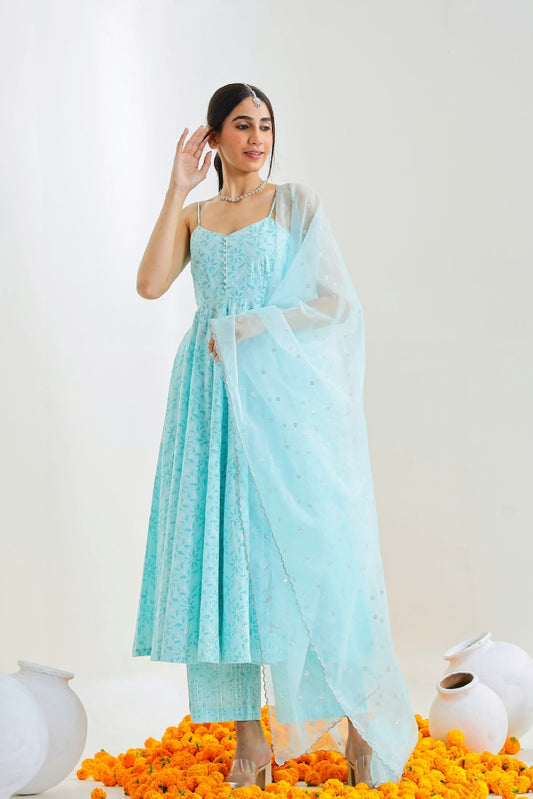 Sky Blue Suit Set with Organza Dupatta