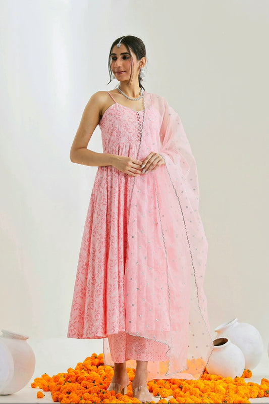 Baby Pink Suit Set with Organza Dupatta