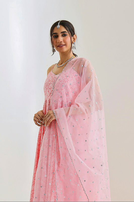 Baby Pink Suit Set with Organza Dupatta