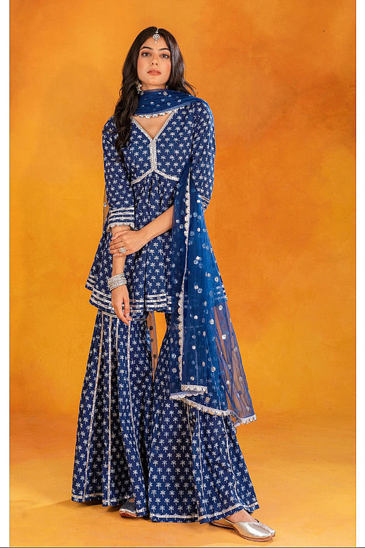 Indigo Cotton Printed Gharara (Set of 3)