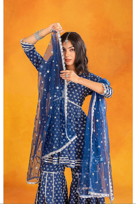 Indigo Cotton Printed Gharara (Set of 3)