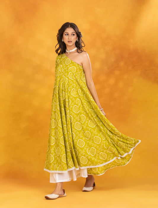 One shoulder Green Bandhej Kurta with Palazzo (Set of 2)