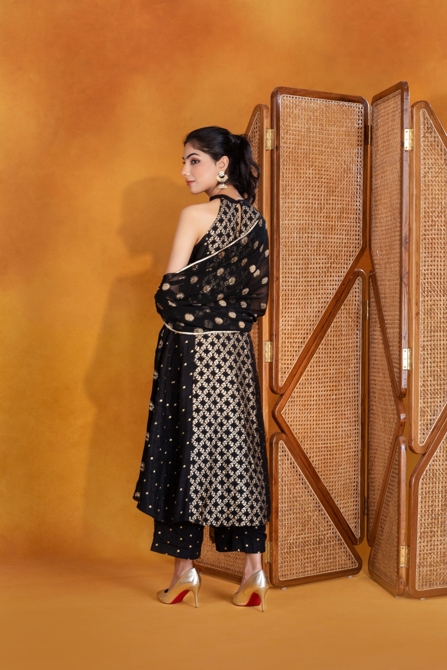 Black Banarasi Dola Silk Suit (Set of 3)