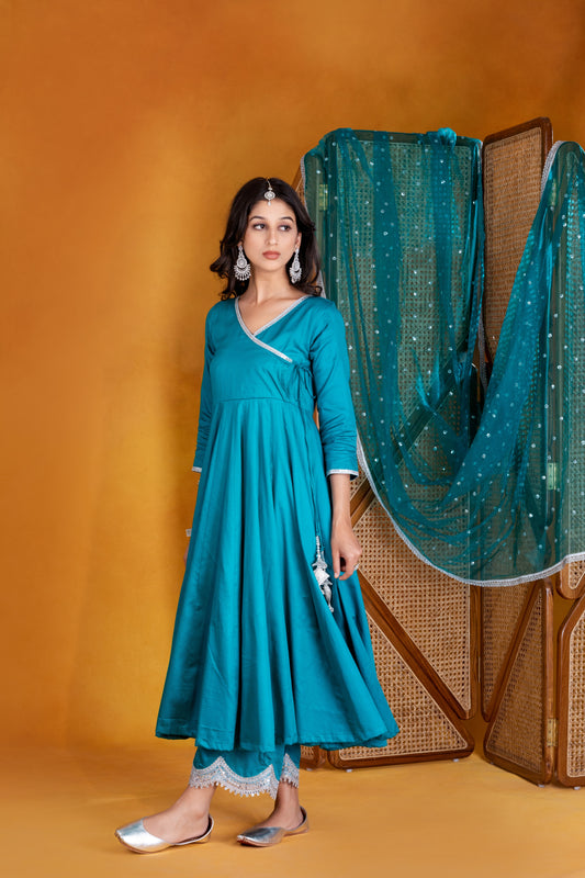 Blue Glaze Cotton Angrakha Suit (Set of 3)