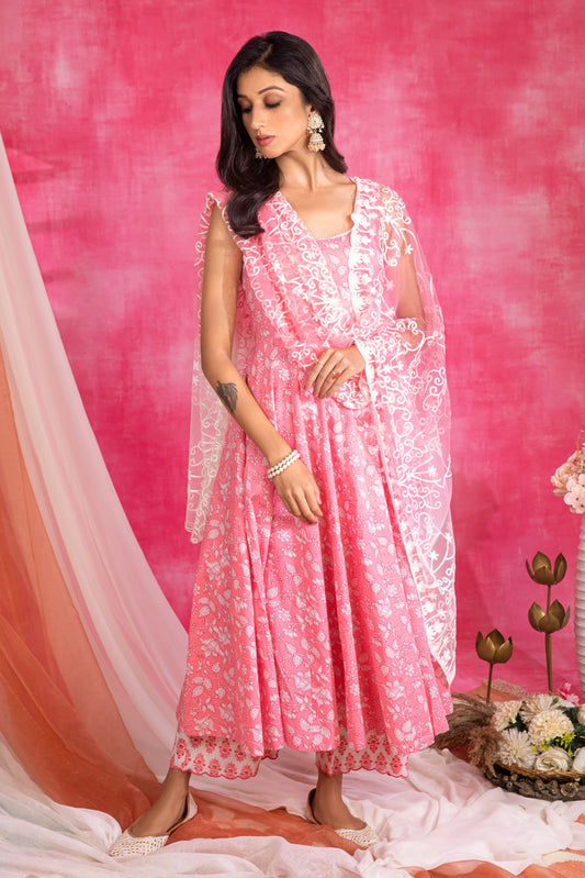 Cotton Printed Pink Suit (Set of 3)