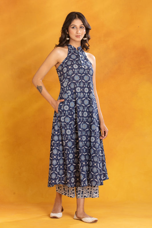 Blue Halter Neck Kurta (Set of 3)