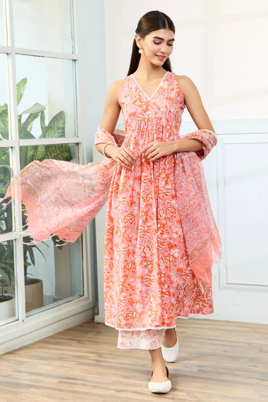 Peach Handblock Printed Cotton Suit Set