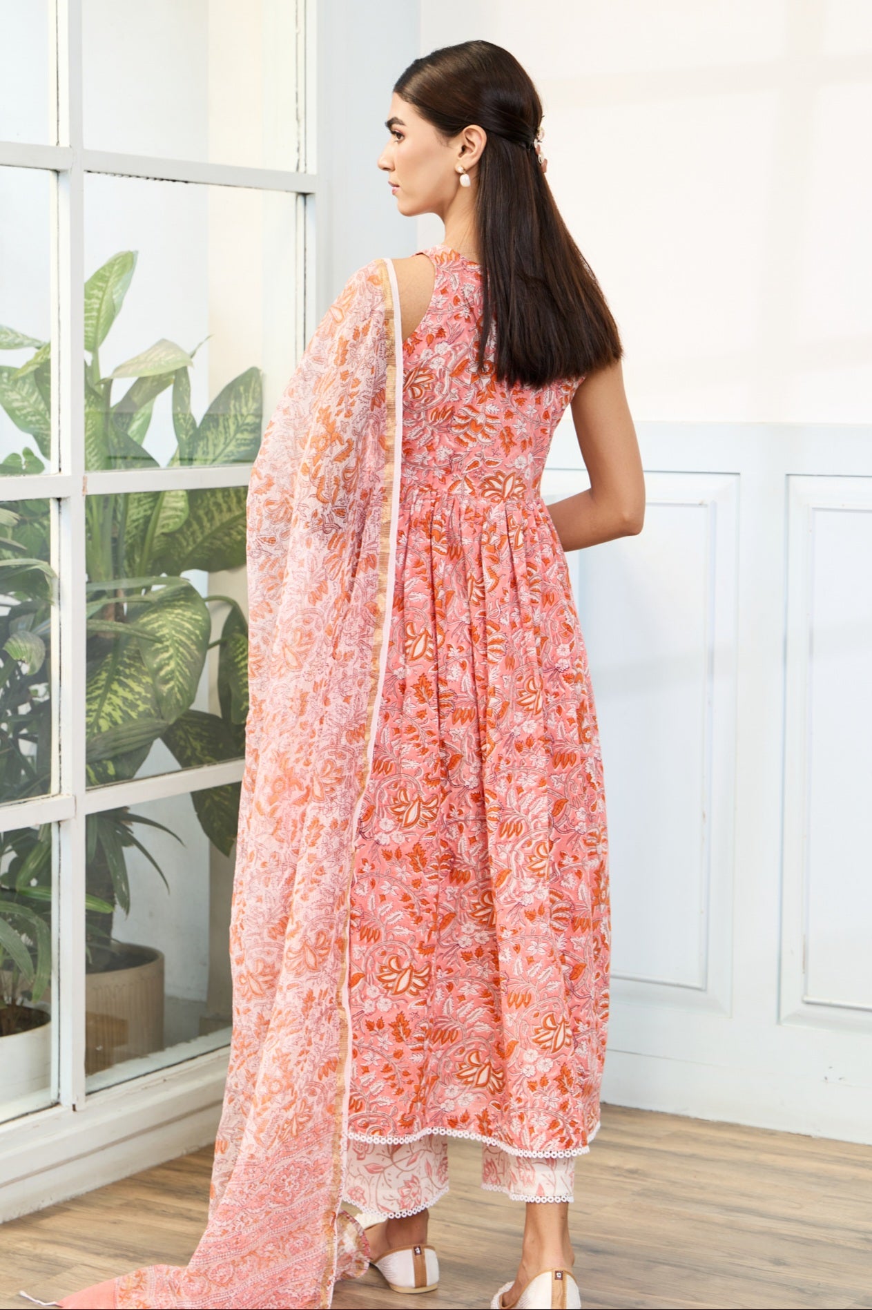 Peach Handblock Printed Cotton Suit Set