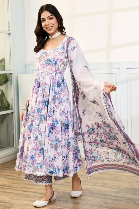 White & Purple Cotton Anarkali Suit (Set of 3)