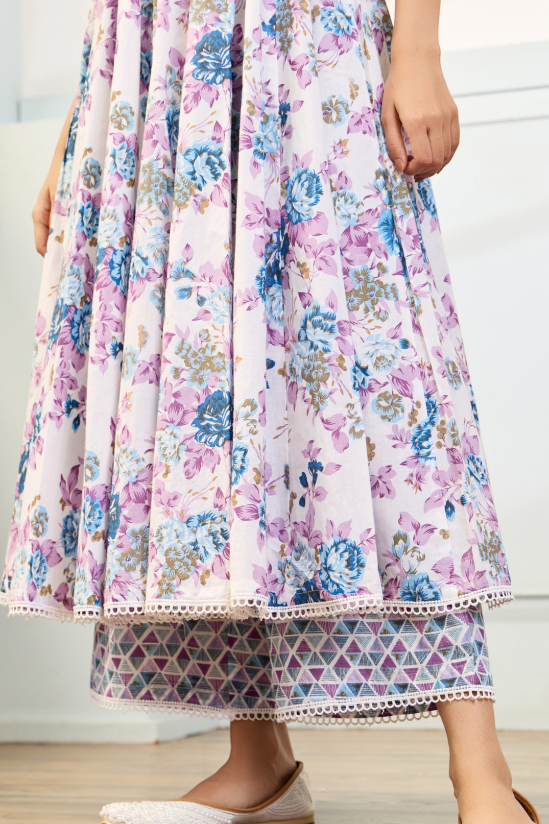 White & Purple Cotton Anarkali Suit (Set of 3)