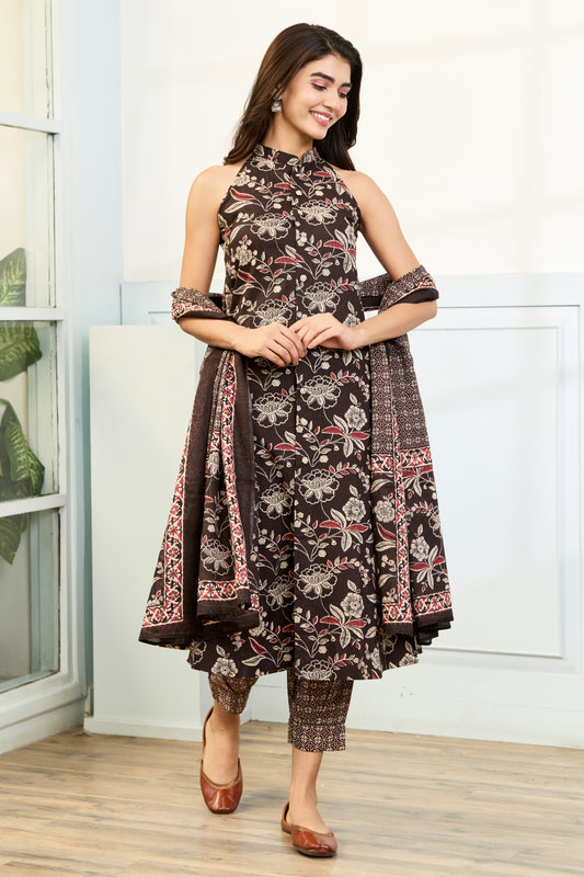 Black Halter Neck Cotton Suit (Set of 3)