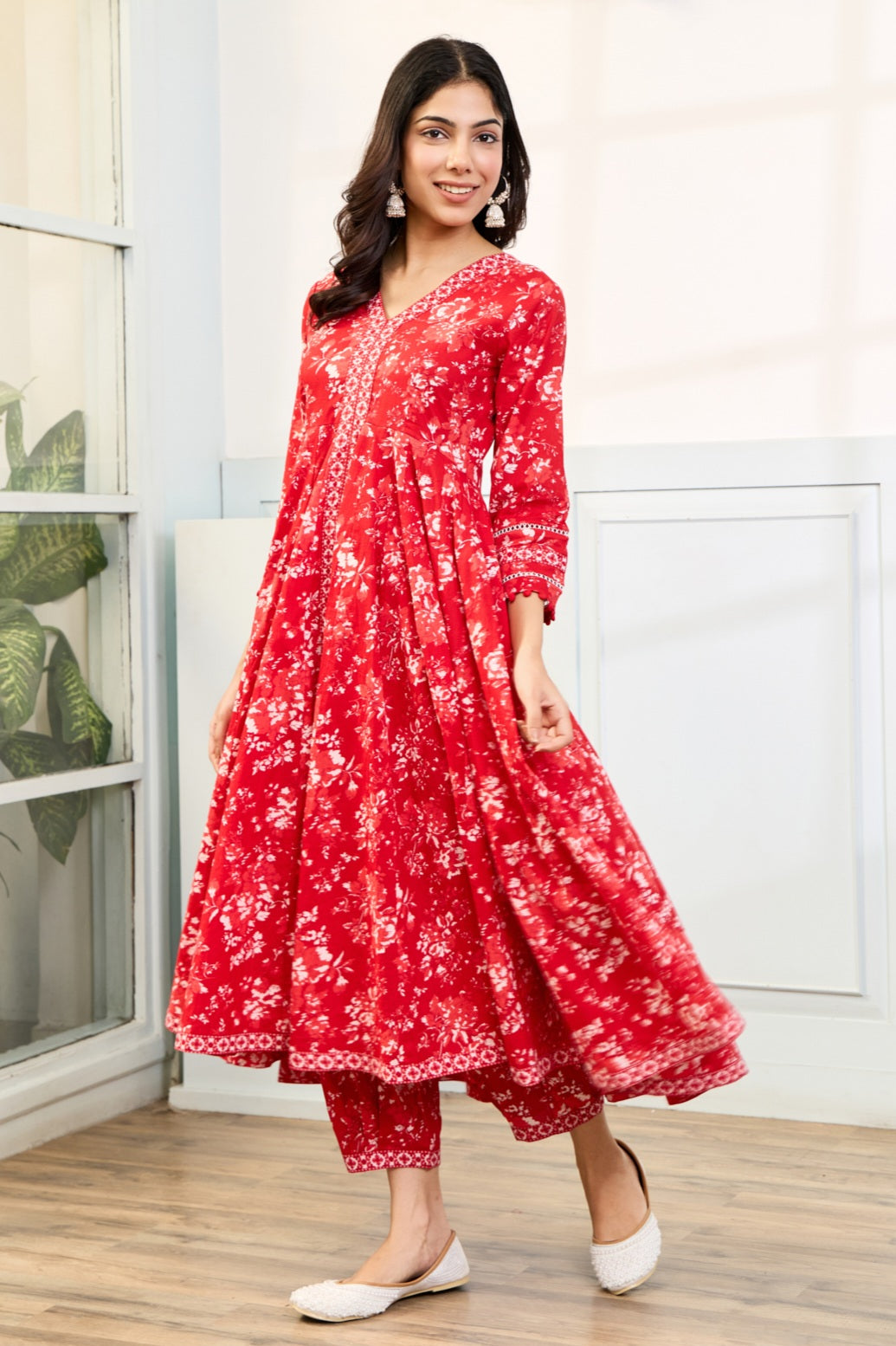 Red Cotton Anarkali Suit with Afghani Pants & Dupatta (Set of 3)