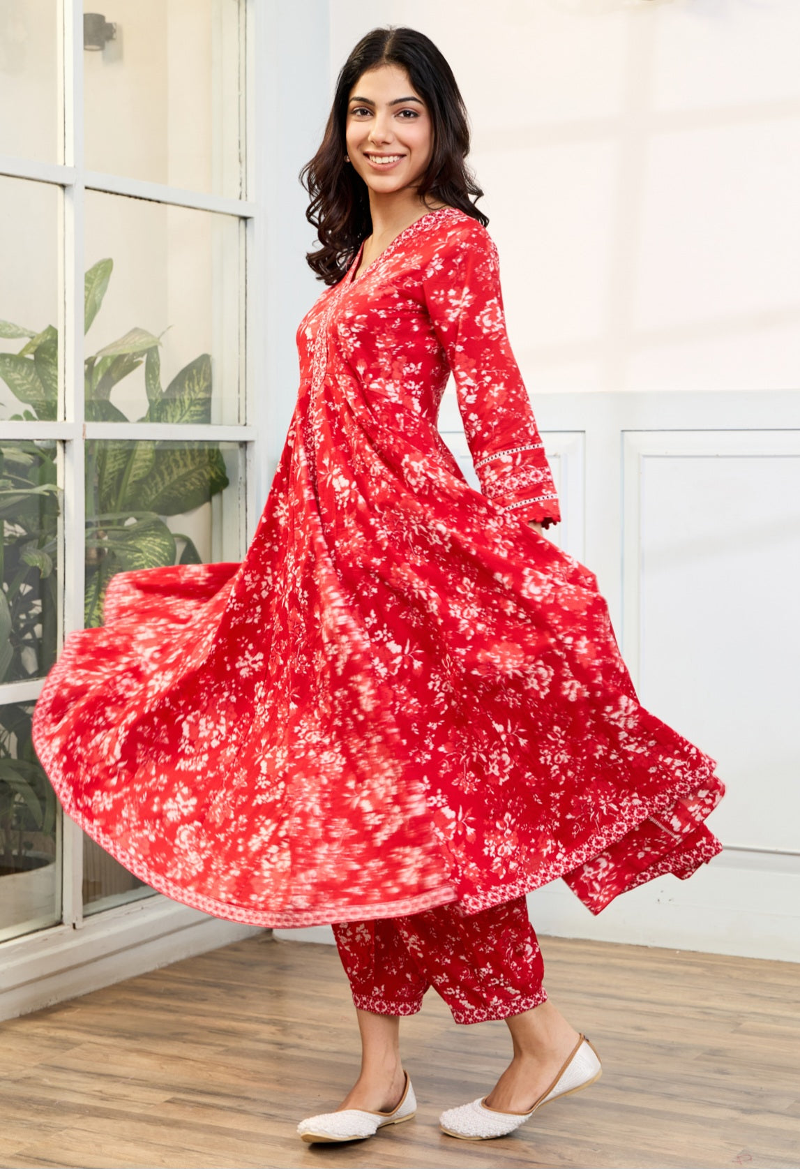 Red Cotton Anarkali Suit with Afghani Pants & Dupatta (Set of 3)