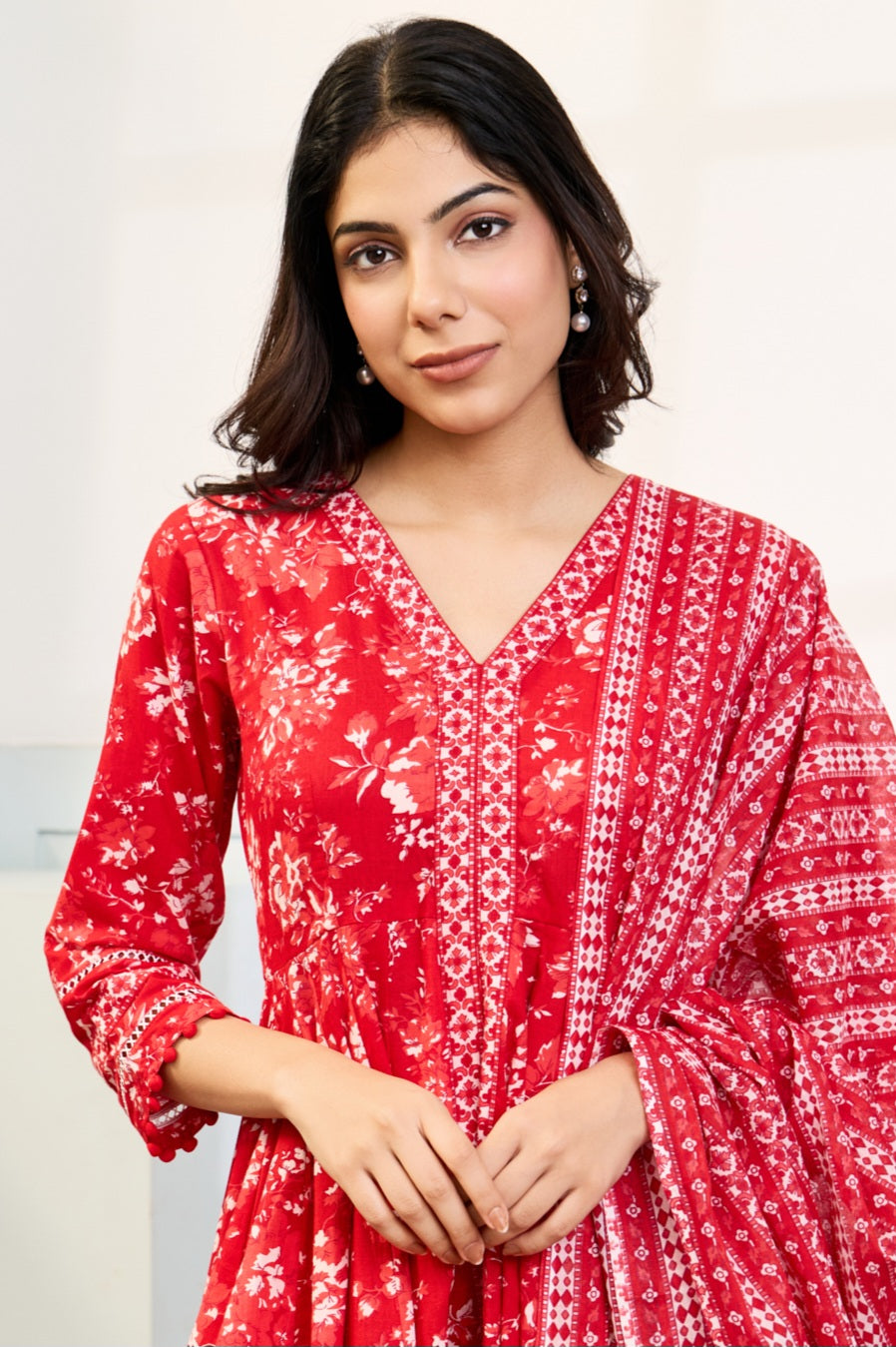 Red Cotton Anarkali Suit with Afghani Pants & Dupatta (Set of 3)