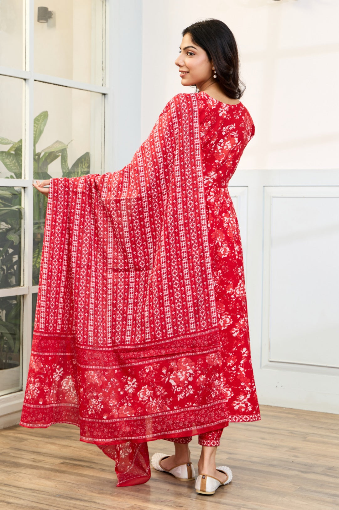 Red Cotton Anarkali Suit with Afghani Pants & Dupatta (Set of 3)