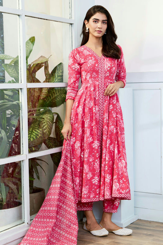 Pink Cotton Anarkali Suit with Afghani Pants & Dupatta (Set of 3)