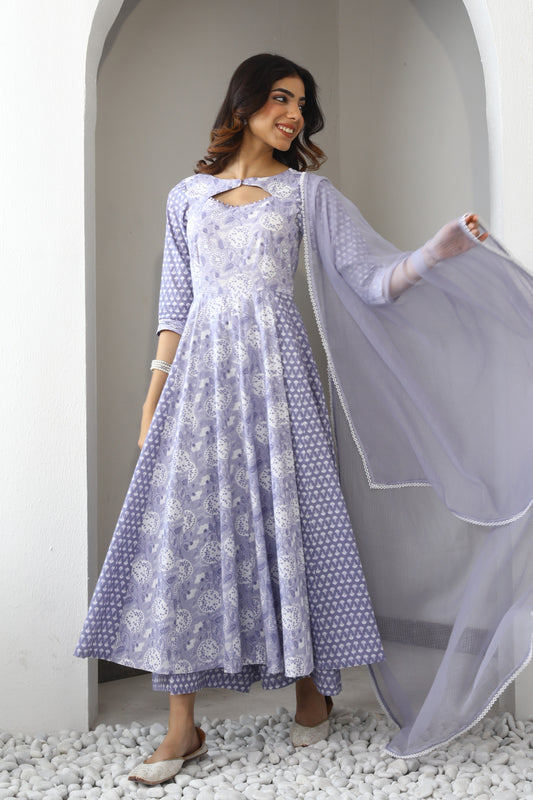 Lavender Cotton Suit with Potli Button Detailing (Set of 3)