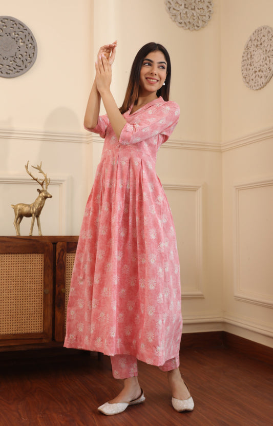 Pastel Pink Box Pleated Kurta with Palazzo (Set of 2)