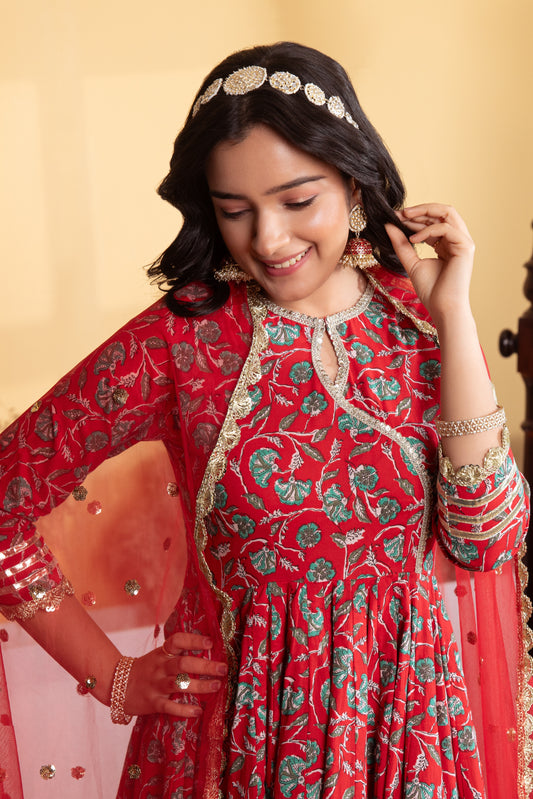 Red Angrakha Cotton Printed Suit (Set of 3)