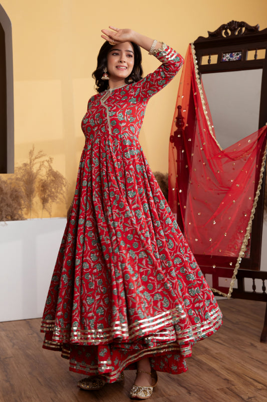 Red Angrakha Cotton Printed Suit (Set of 3)