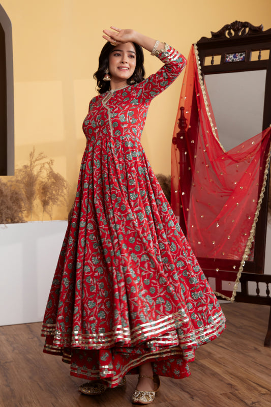 Red Angrakha Cotton Printed Suit (Set of 3)