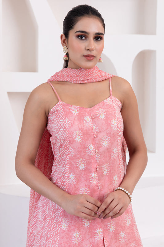 Pastel Pink Noodle Strap Cotton Suit (Set of 3)