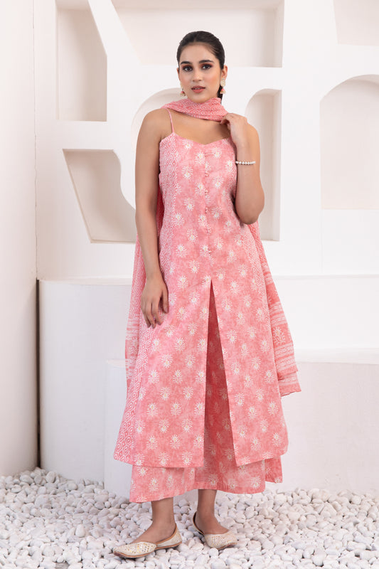 Pastel Pink Noodle Strap Cotton Suit (Set of 3)