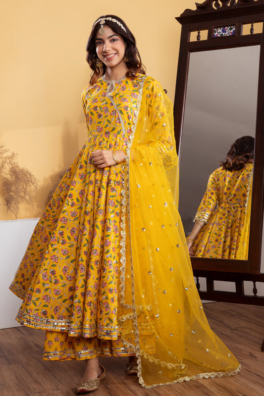 Yellow Angrakha Cotton Printed Suit (Set of 3)