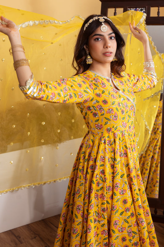 Yellow Angrakha Cotton Printed Suit (Set of 3)
