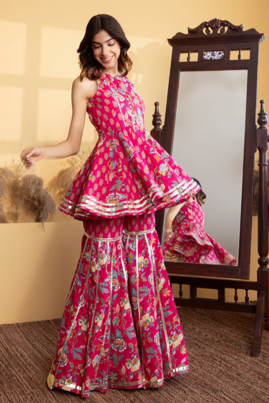 Fuchsia Cotton Printed Gharara (Set of 3)