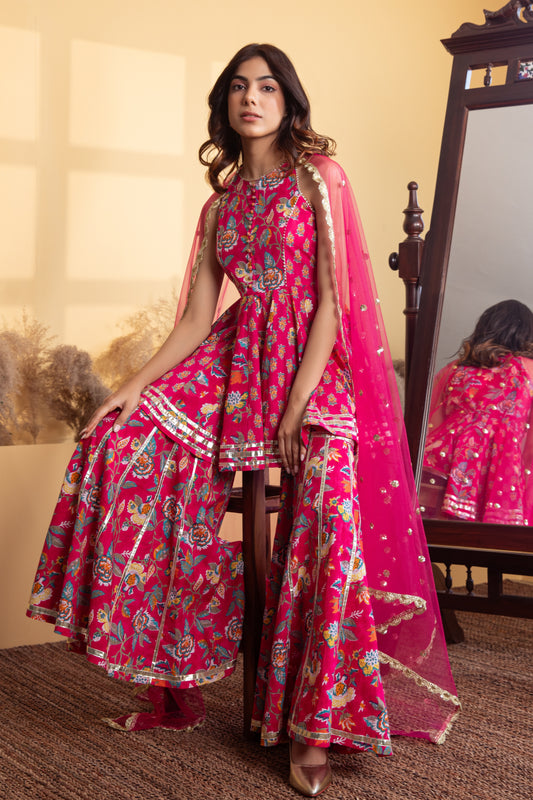 Fuchsia Cotton Printed Gharara (Set of 3)