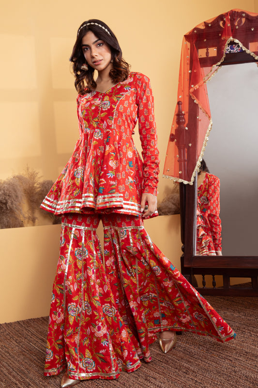Red Cotton Printed Gharara (Set of 3)