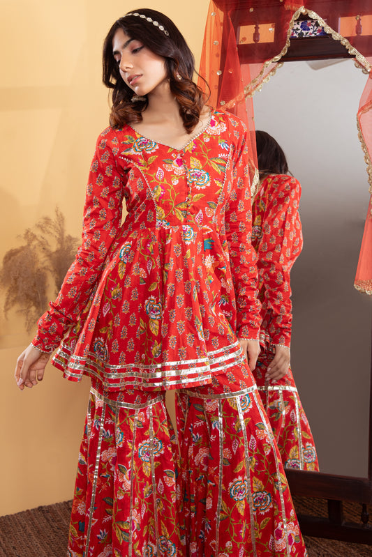 Red Cotton Printed Gharara (Set of 3)