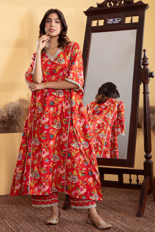 Red Cotton Printed Kaftan with Palazzo (Set of 2)