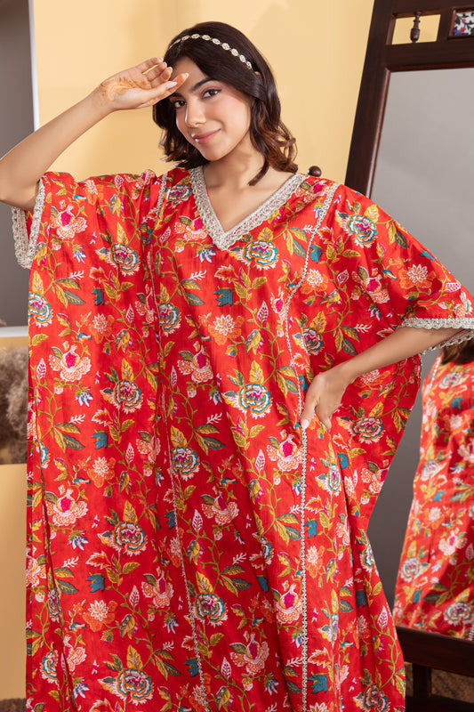 Red Cotton Printed Kaftan with Palazzo (Set of 2)