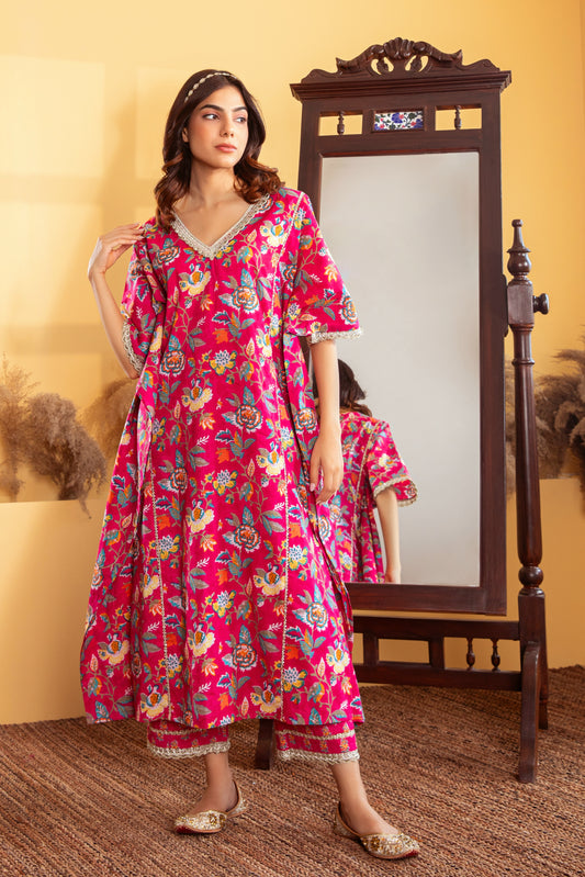 Fuchsia Cotton Printed Kaftan with Palazzo (Set of 2)
