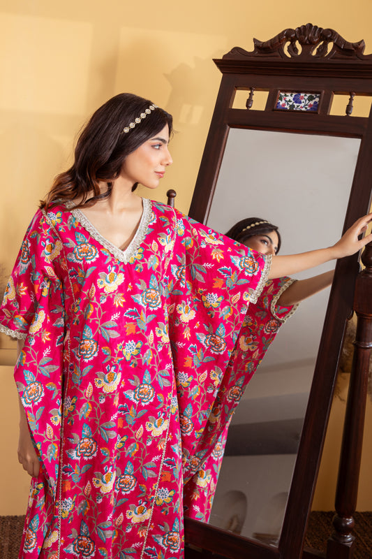 Fuchsia Cotton Printed Kaftan with Palazzo (Set of 2)