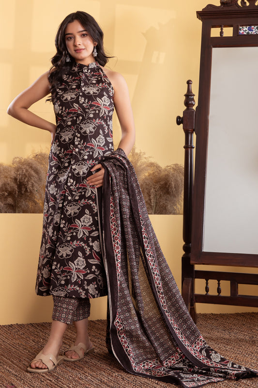 Black Halter Neck Cotton Suit (Set of 3)