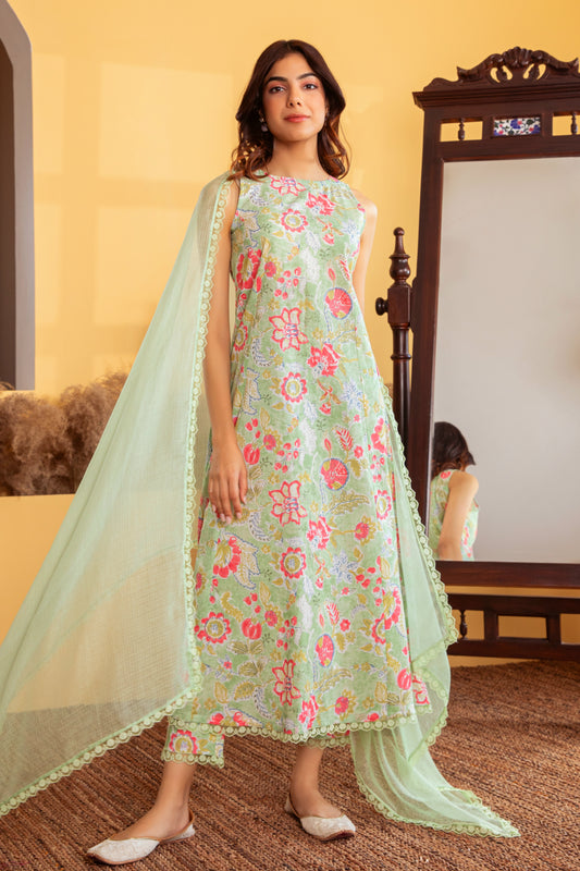Pastel Green Cotton Suit (Set of 3)