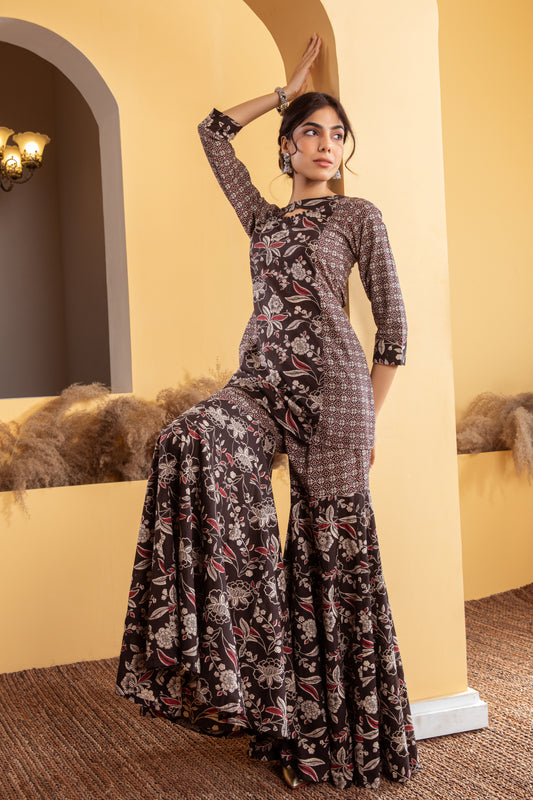 Black Cotton Printed Gharara Set (Set of 3)