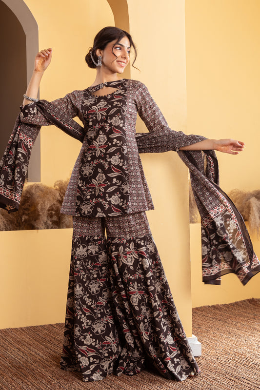 Black Cotton Printed Gharara Set (Set of 3)