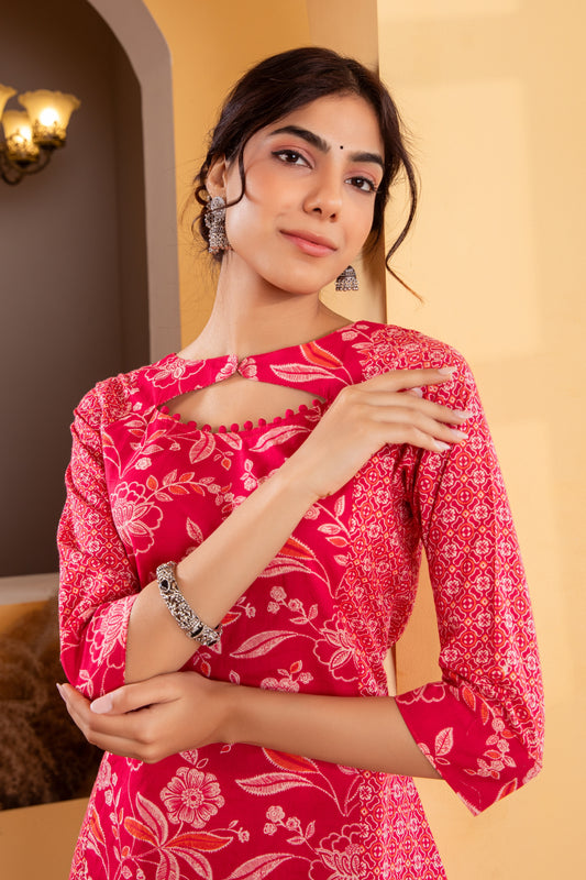 Pink Cotton Printed Gharara Set (Set of 3)