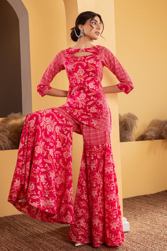 Pink Cotton Printed Gharara Set (Set of 3)